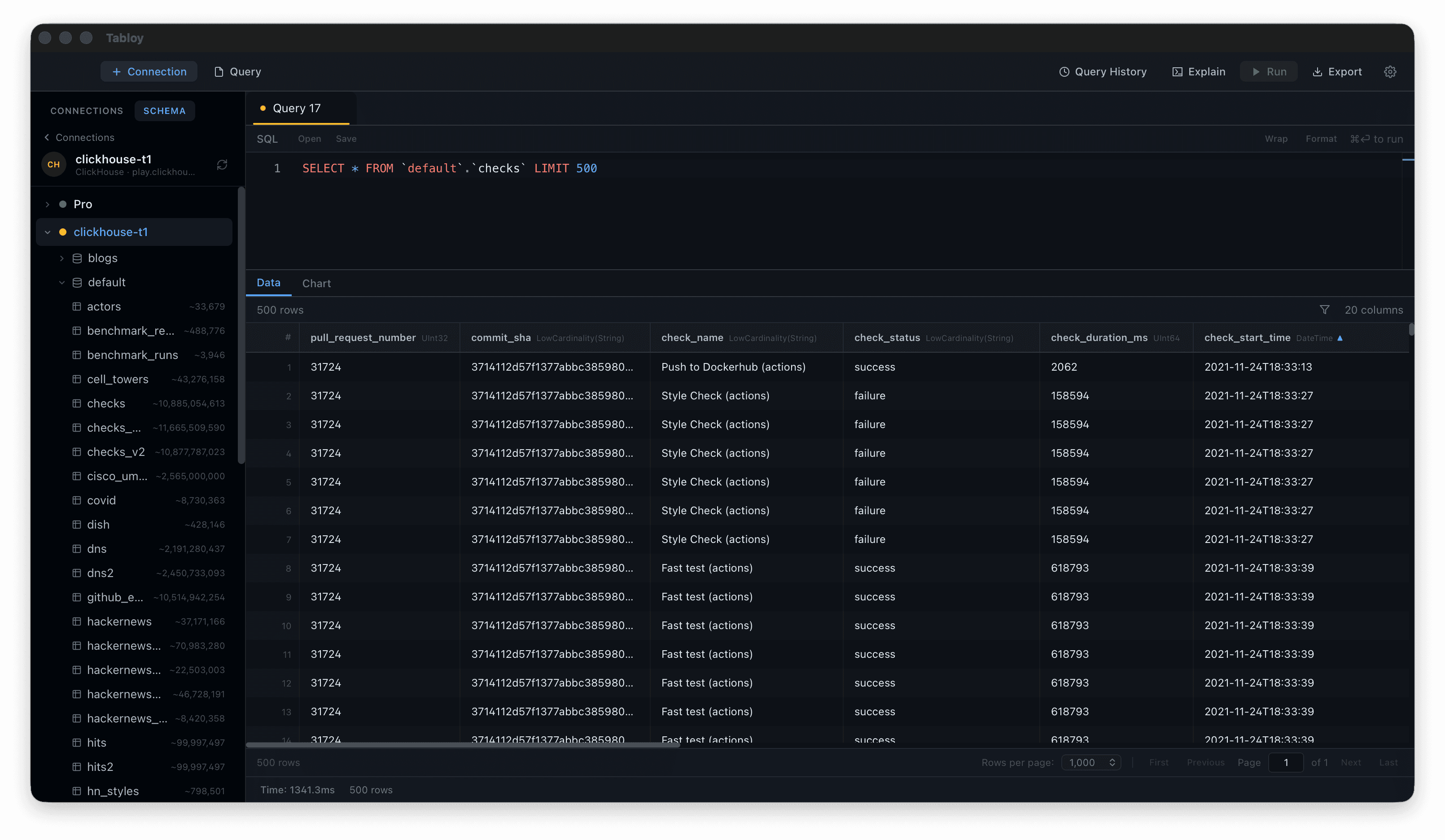 Tabloy — Database management interface showing SQL editor, schema browser, and data grid
